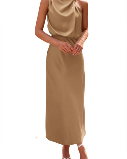 Zena Robe Femme – Robe Maxi Satinée Col Montant, Coupe Fluide Élégante Soirée
