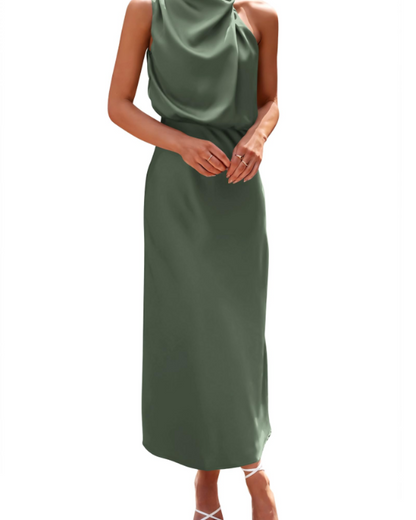 Zena Robe Femme – Robe Maxi Satinée Col Montant, Coupe Fluide Élégante Soirée