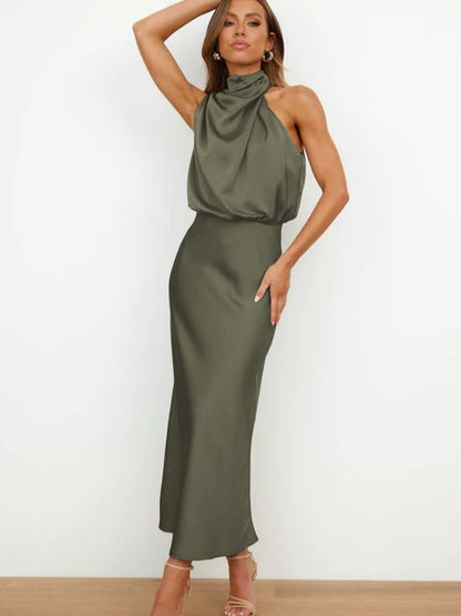 Robe Midi Satinée à Col Halter pour Femme – Coupe Drapée Silhouette Fluide