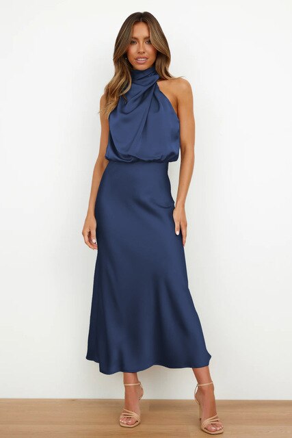 Robe Midi Satinée à Col Halter pour Femme – Coupe Drapée Silhouette Fluide