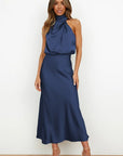 Robe Midi Satinée à Col Halter pour Femme – Coupe Drapée Silhouette Fluide