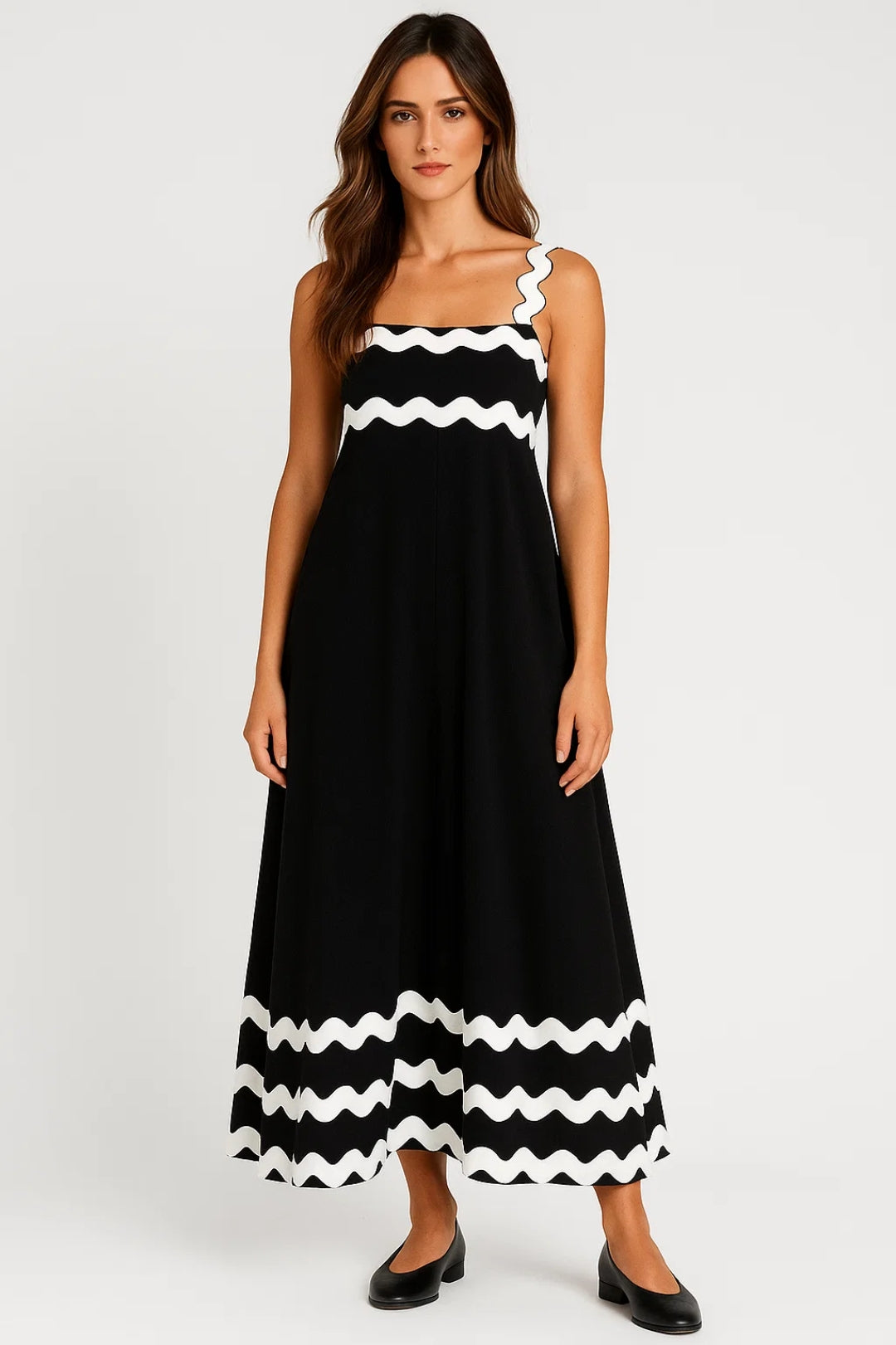 Robe Maxi Femme à Détails Vagues – Coupe Fluide et Décontractée