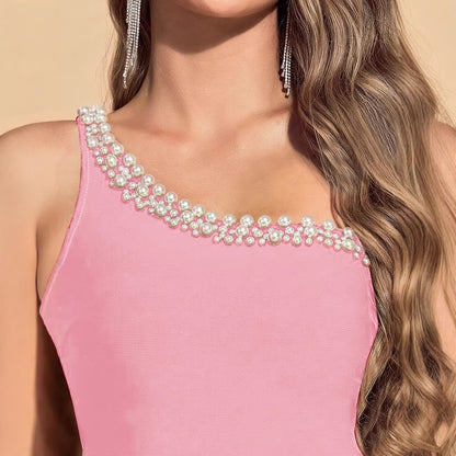 Robe Midi Femme Épaule Dénudée – Ornements en Cristaux Perlés et Fente