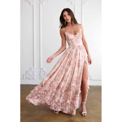 Robe Longue Femme Fleurie en Mousseline – Coupe A-Line Style Bretelles