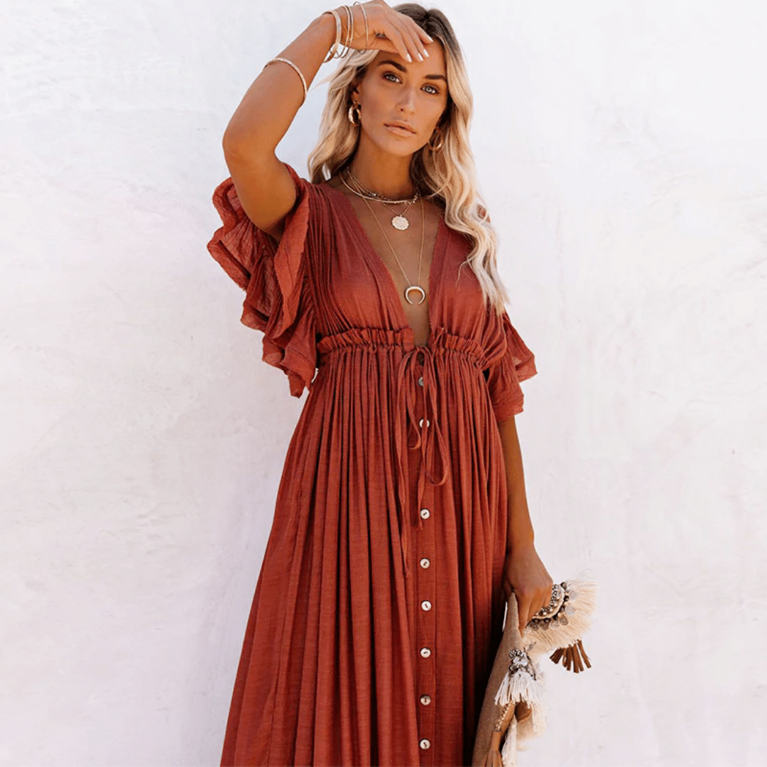 Robe Longue Boho Chic pour Mariage Invitée - Orange | Menvelo