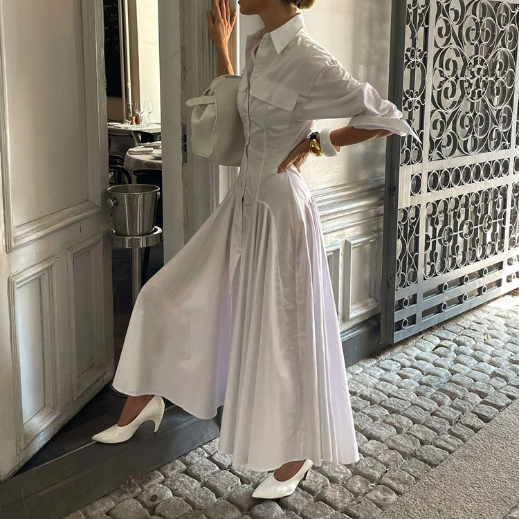Robe Chemise Maxi Coton Blanc Femme – Manches Longues Coupe Évasée Plissée