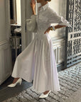 Robe Chemise Maxi Coton Blanc Femme – Manches Longues Coupe Évasée Plissée
