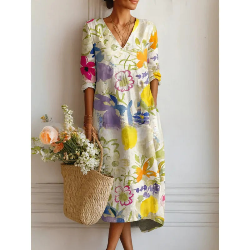 Robe Midi Femme Imprimée – Coupe Fluide et Col en V Bohème