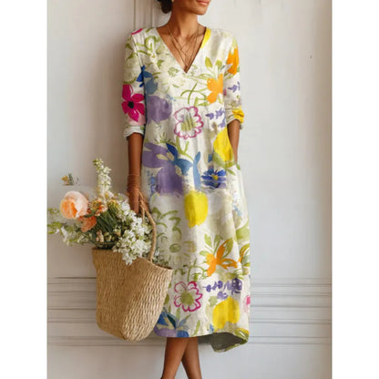 Robe Midi Femme Imprimée – Coupe Fluide et Col en V Bohème