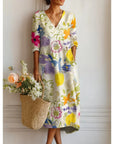 Robe Midi Femme Imprimée – Coupe Fluide et Col en V Bohème