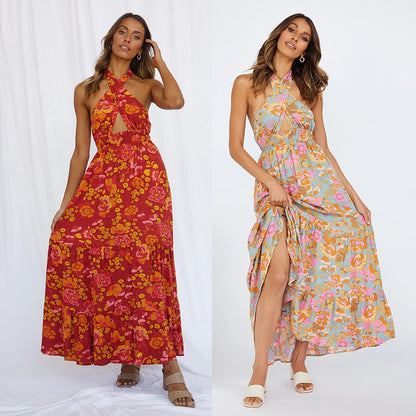 Robe Femme Maxi à Imprimé Halter – Lacets & Dos Nu Vacances