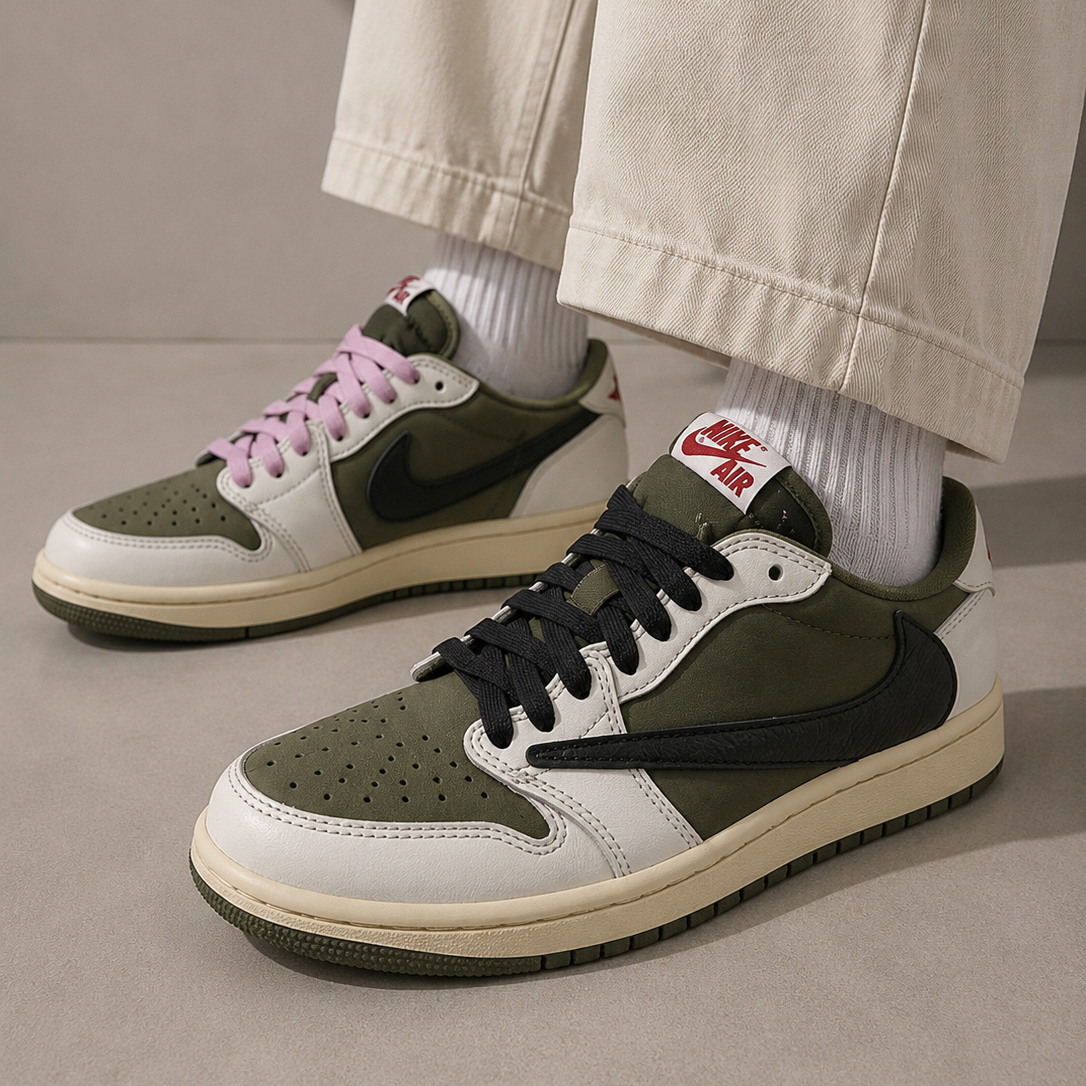 Air Jordan 1 Low Travis Scott Medium Olive baskets basses homme et femme en cuir vert, vue arrière