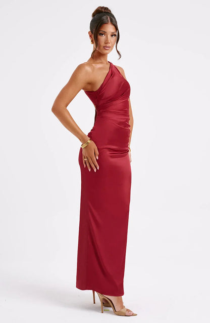 Clara Robe Longue en Satin Femme – Asymétrique, Cintrée & Élégance Minimaliste