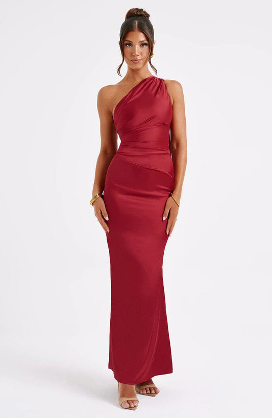 Clara Robe Longue en Satin Femme – Asymétrique, Cintrée & Élégance Minimaliste