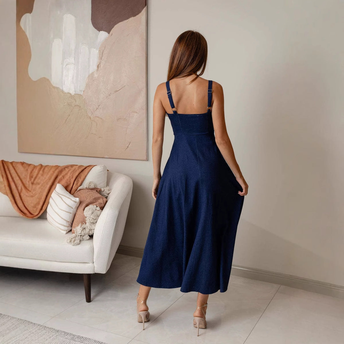 Robe midi femme à encolure carrée – silhouette trapèze effet corset