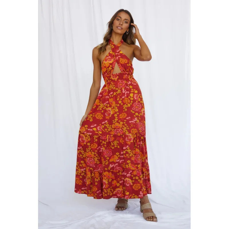 Robe Femme Maxi à Imprimé Halter – Lacets & Dos Nu Vacances