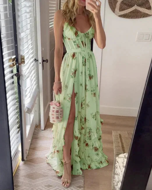 Robe Maxi Fleurie Femme à Lacets – Coupe Ajustée Fente Latérale