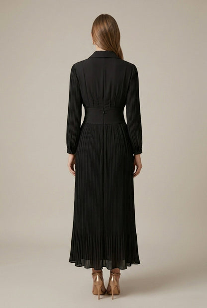 Robe Longue Femme Plissée Col V – Manches Longues et Ceinture Boutonnée