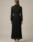 Robe Longue Femme Plissée Col V – Manches Longues et Ceinture Boutonnée