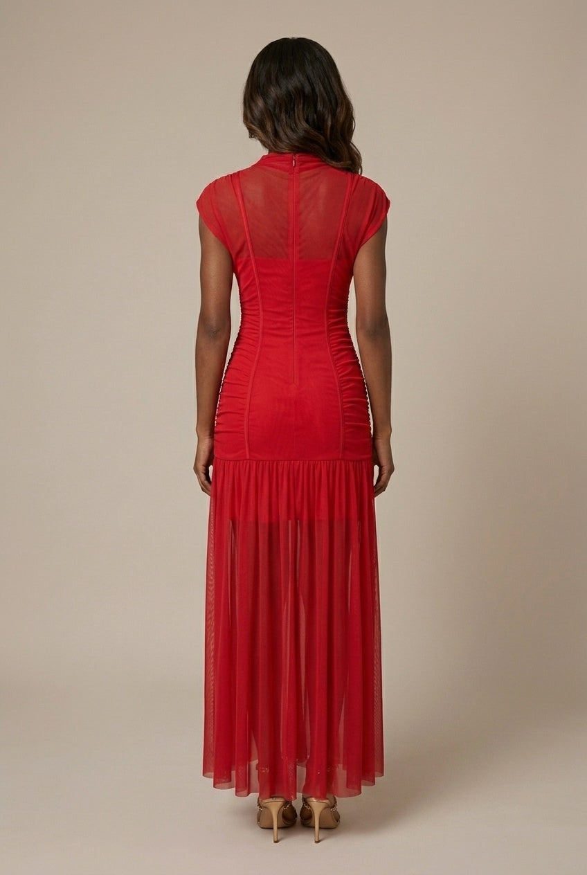 Robe Maxi Maille Femme – Col Montant Coupe Près du Corps Évasée