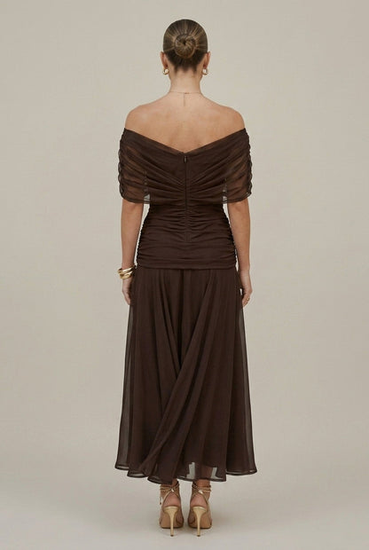Robe Maxi Mousseline Femme – Épaules Dénudées Taille Froncée Coupe Fluide