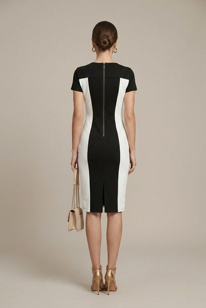 Robe Midi Femme en Coton – Col Rond Colour Block Moulante