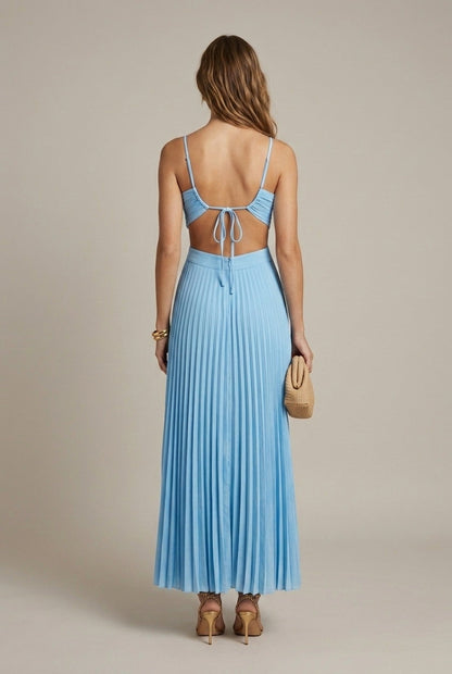 Robe Maxi Femme à Col Halter Plissée – Dos Noué Découpé