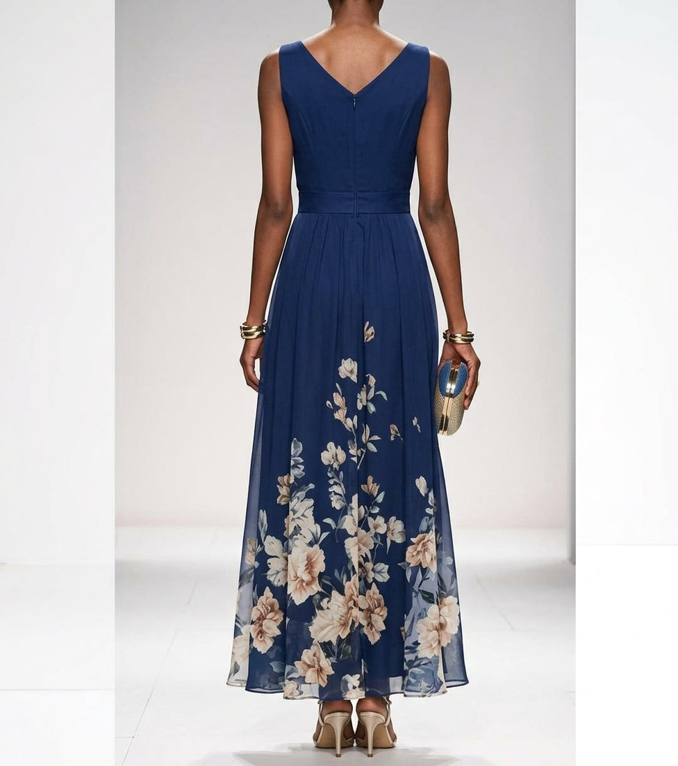 Robe Longue Femme Imprimé Floral – Col V Sans Manches