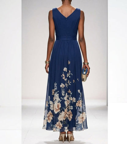 Robe Longue Femme Imprimé Floral – Col V Sans Manches