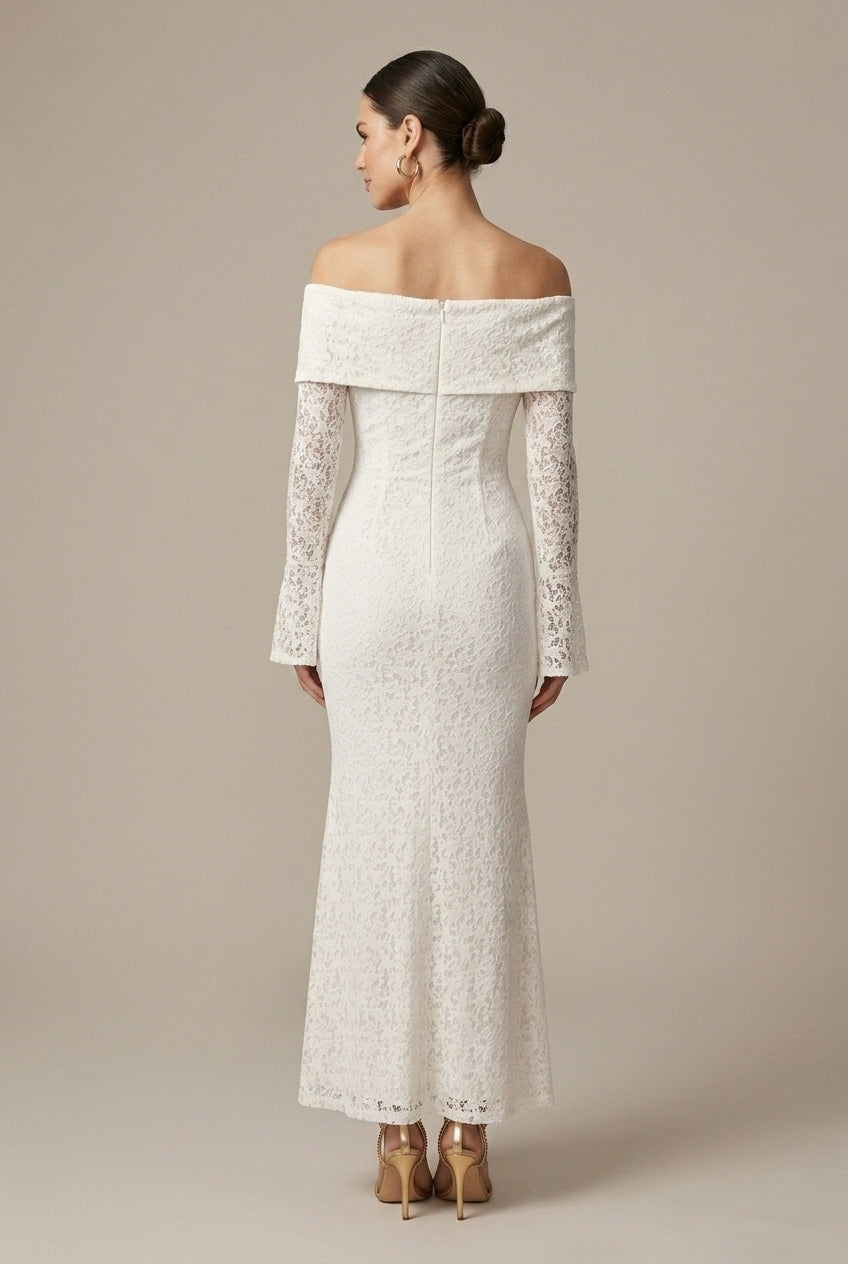 Robe Longue Femme Épaules Dénudées – Sirène Dentelle Contrastée Manches Évasées