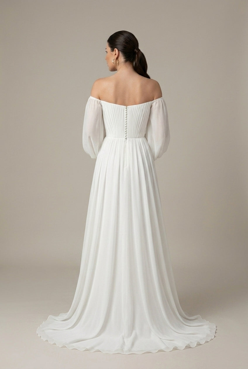 Robe Maxi Épaules Dénudées Femme en Mousseline – Plissée à Manches Bouffantes