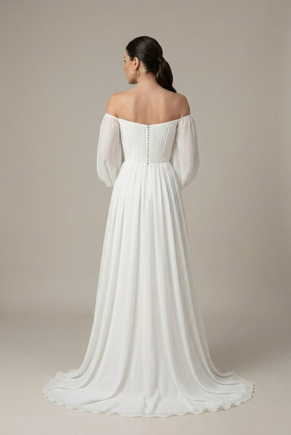 Robe Maxi Épaules Dénudées Femme en Mousseline – Plissée à Manches Bouffantes