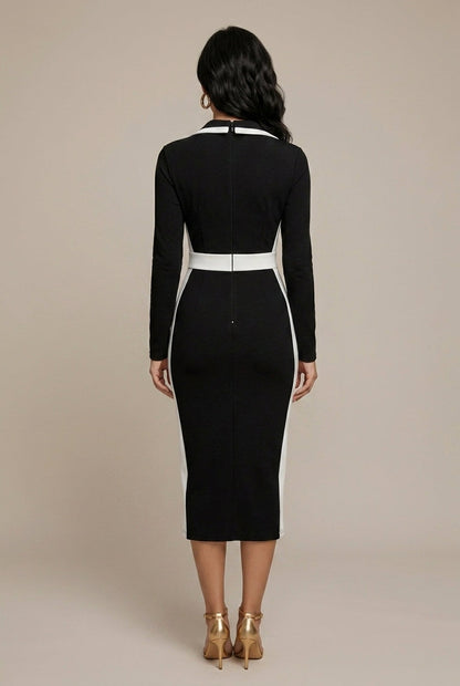 Robe Femme Blazer Bodycon Midi – Passepoil Contrasté et Col Tailleur