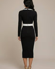 Robe Femme Blazer Bodycon Midi – Passepoil Contrasté et Col Tailleur