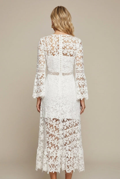 Robe Maxi Femme en Dentelle Guipure – Col V Manches Longues