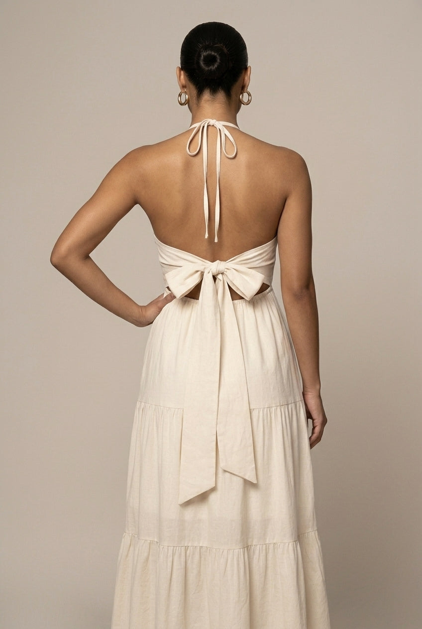 Robe Maxi Femme à Col Halter – Volants à Étages Dos Ouvert