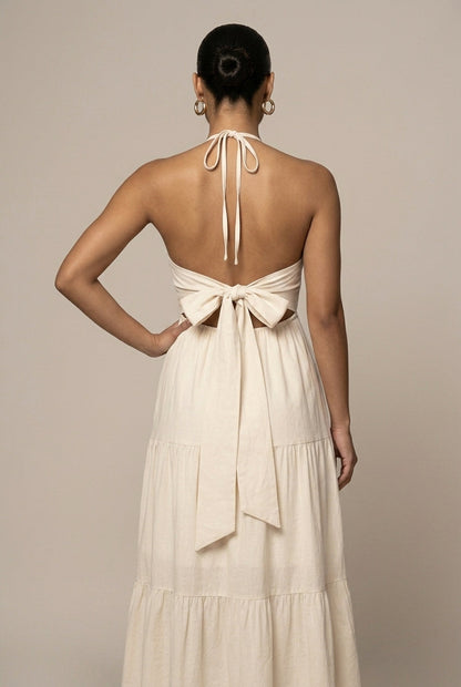 Robe Maxi Femme à Col Halter – Volants à Étages Dos Ouvert