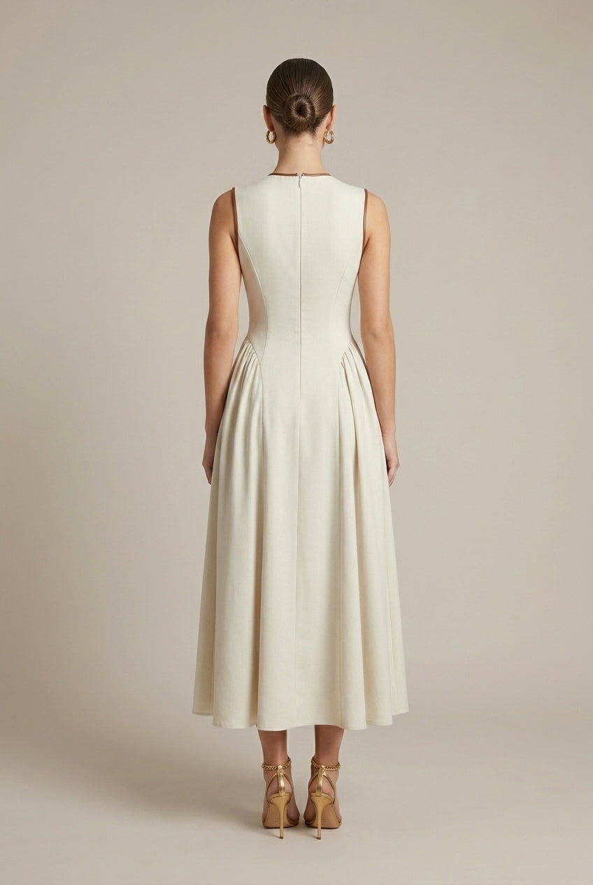 Robe Maxi Structurée Femme – Coupe Évasée Col Nœud Détail Nœuds