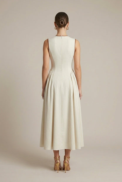 Robe Maxi Structurée Femme – Coupe Évasée Col Nœud Détail Nœuds