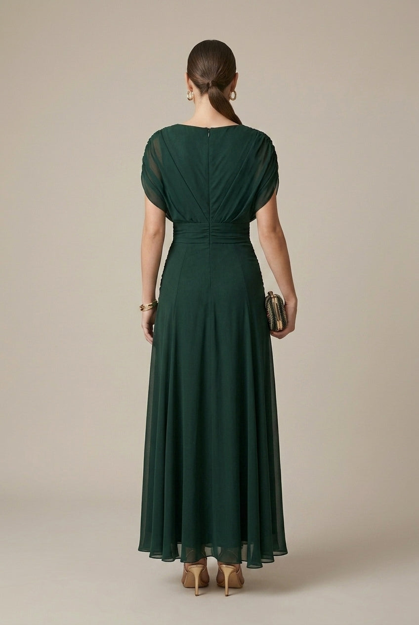Robe Longue Femme Col V – Portefeuille à Manches Courtes et Détails Voilés