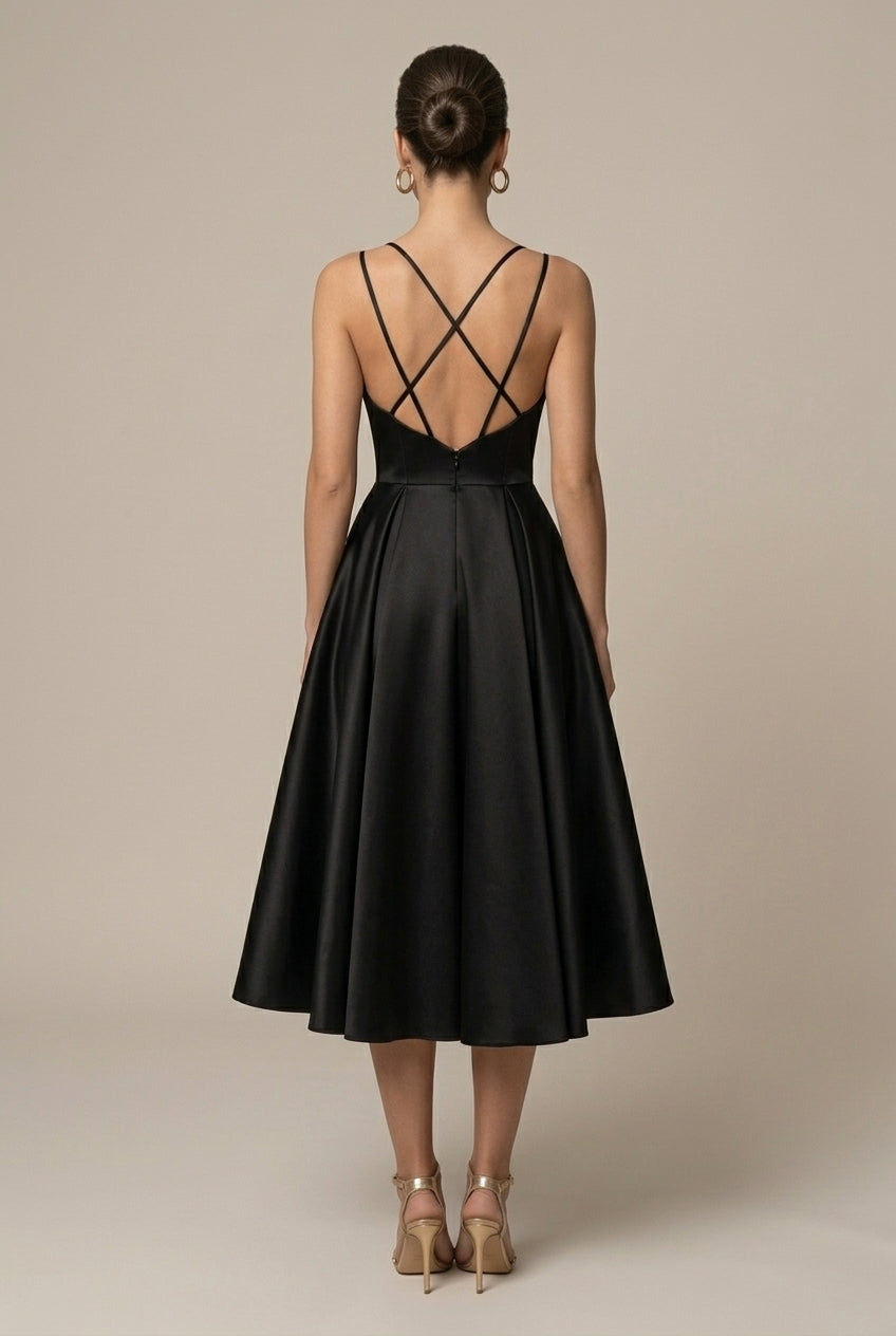 Robe Midi Femme Coupe A-Line – Col V Bretelles Doubles Jupe Évasée