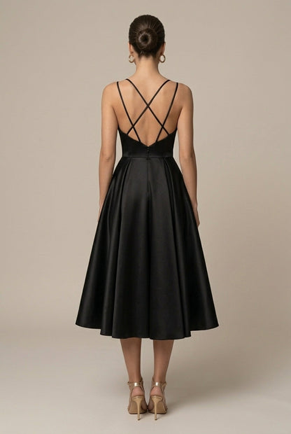 Robe Midi Femme Coupe A-Line – Col V Bretelles Doubles Jupe Évasée