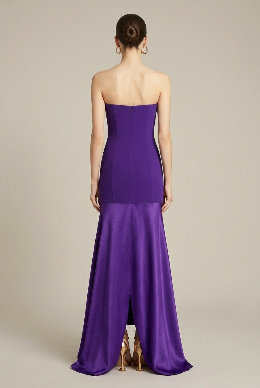 Robe Maxi Satin Soirée Violette Femme – Coupe Ajustée Sans Bretelles