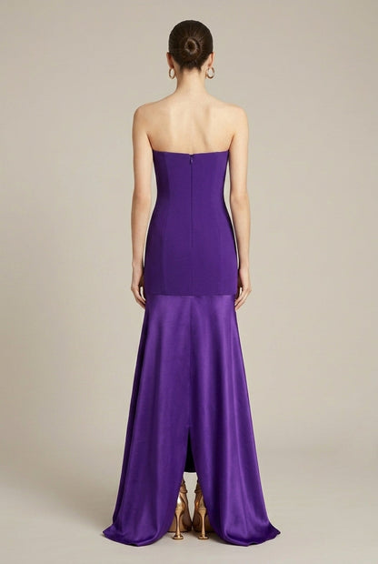 Robe Maxi Satin Soirée Violette Femme – Coupe Ajustée Sans Bretelles