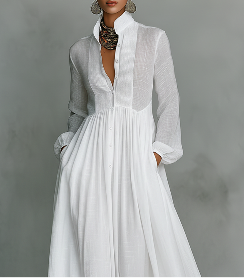 Robe Longue Femme Plissée – Légère Manches Longues Coupe A-Line Ourlet Évasé