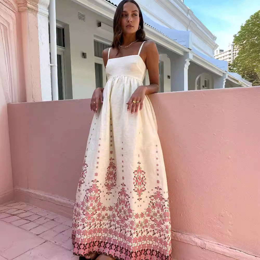 Robe Femme Imprimée en Coton et Lin – Bretelles Fines et Coupe Décontractée