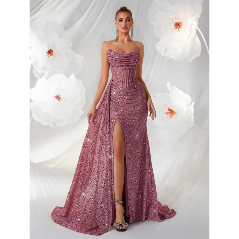 Robe Longue Femme Épaules Dénudées – Plissé Arête de Poisson et Découpes