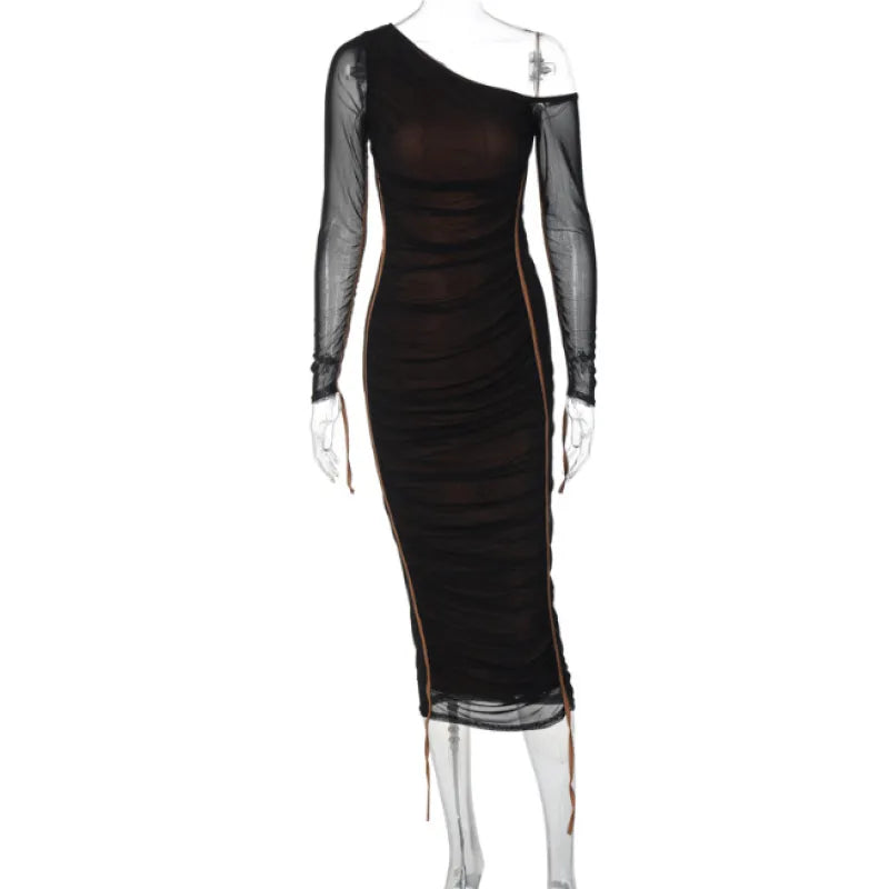 Robe Longue Femme Bodycon – Col Asymétrique Une Épaule Manches Longues Voilées