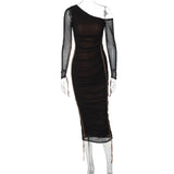 Robe Longue Femme Bodycon – Col Asymétrique Une Épaule Manches Longues Voilées
