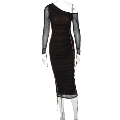Robe Longue Femme Bodycon – Col Asymétrique Une Épaule Manches Longues Voilées